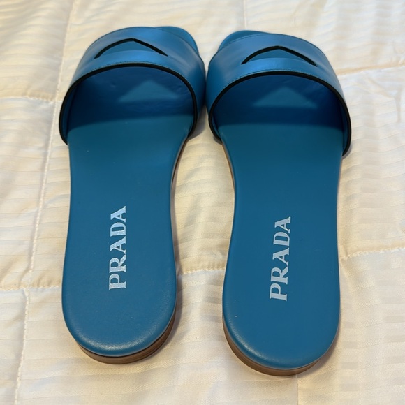 NEW Prada Cerulean blue leather logo slides sandals - Picture 3 of 5